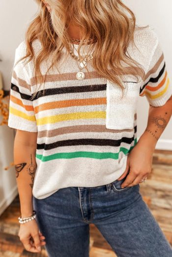 Women Knit Tops | White Colorful Striped Pocket Loose Fit Knitted T Shirt