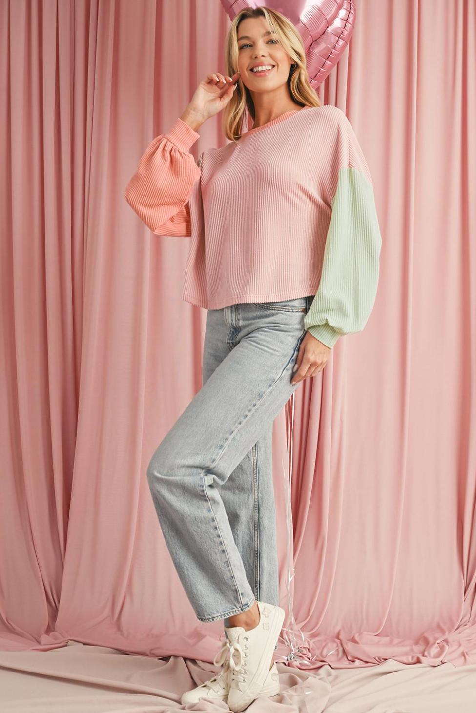 Women Long Sleeve Tops | Multicolour Corded Colorblock Patchwork Drop Shoulder Long Sleeve Top