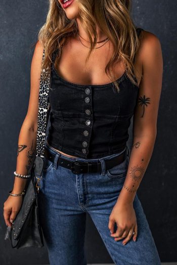 Women Sleeveless Tops | Black Acid Wash Buttoned Cropped Denim Cami Top