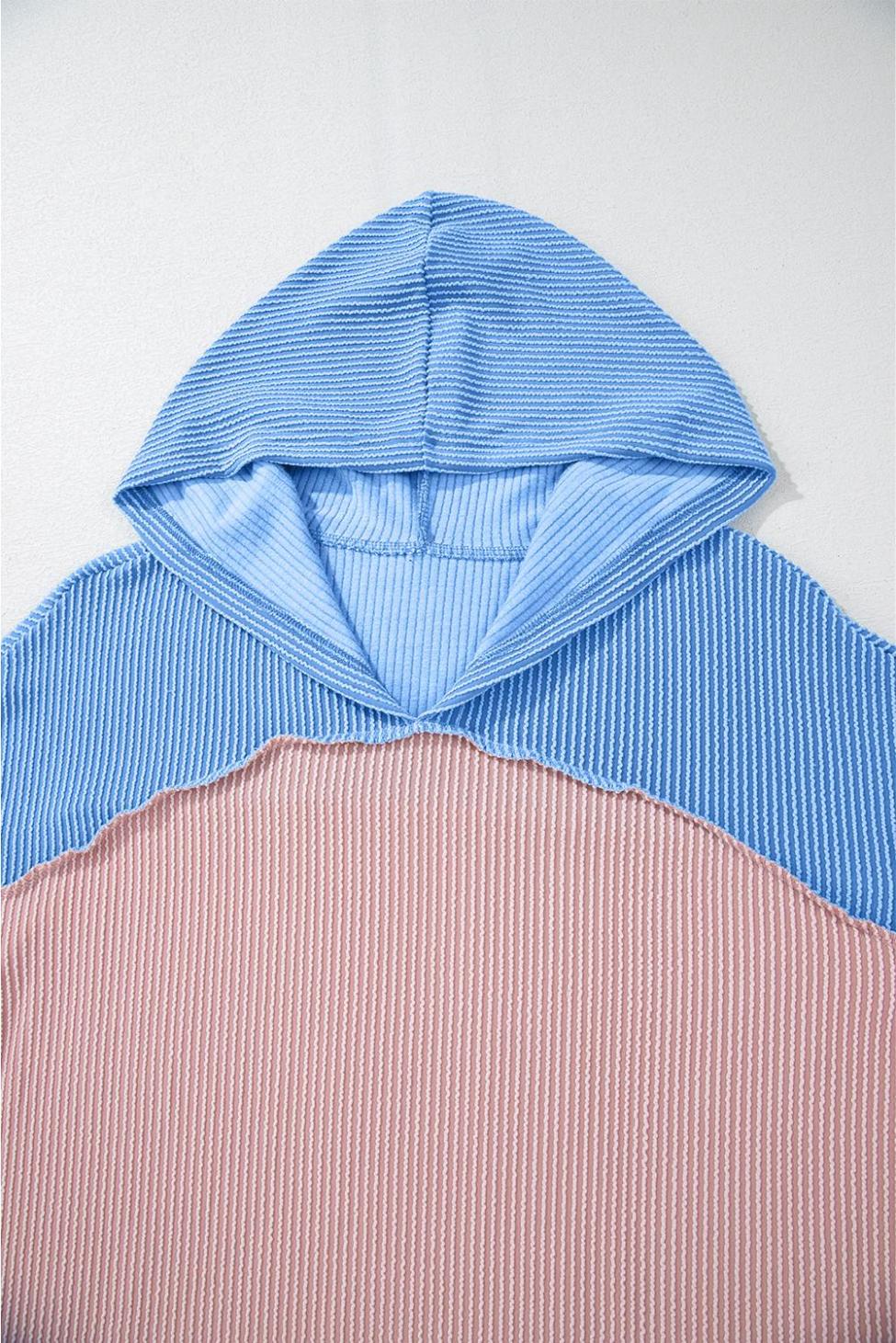 Women Sweatshirts & Hoodies | Pink Color Block Patchwork Corded Ribbed Loose Fit Hoodie